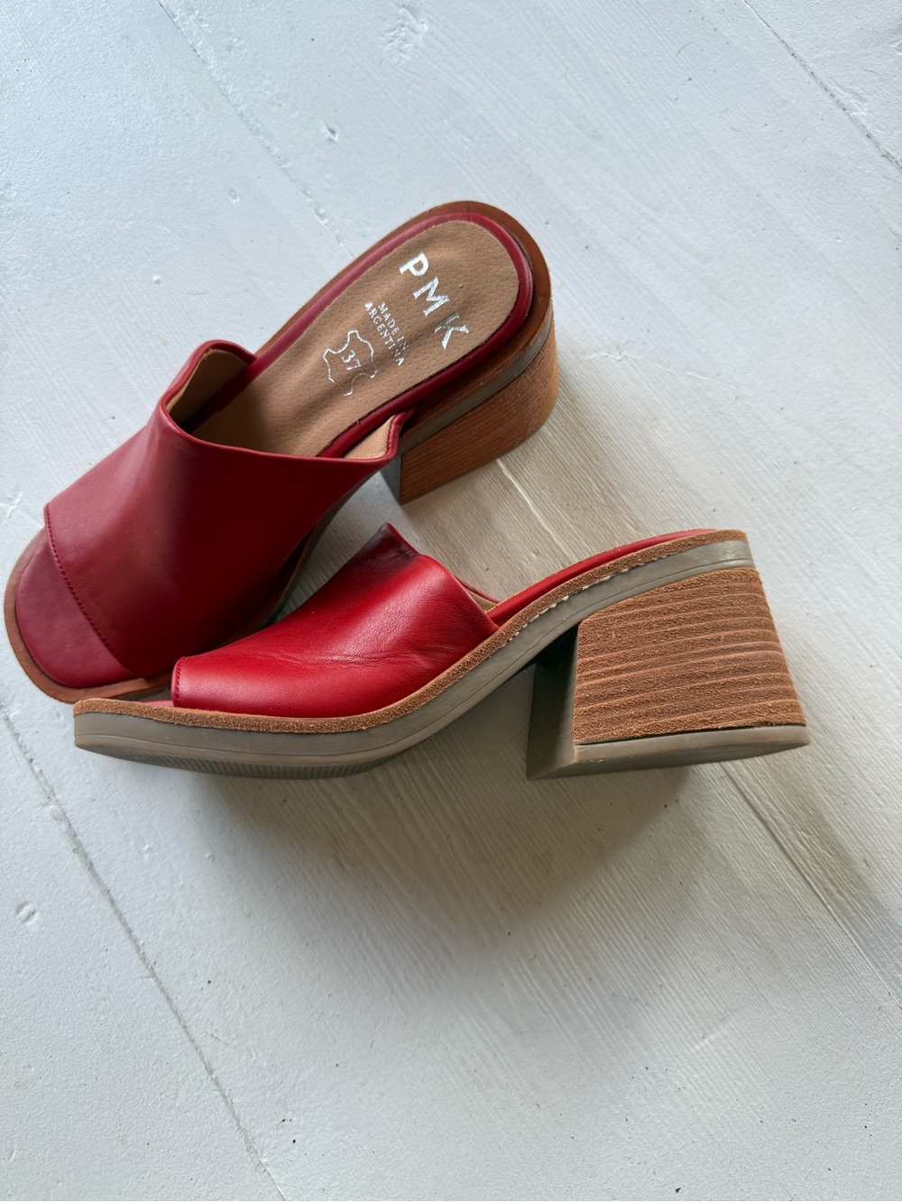 PMK Red Leather Open-Toe Slide Mules with Stacked Heel